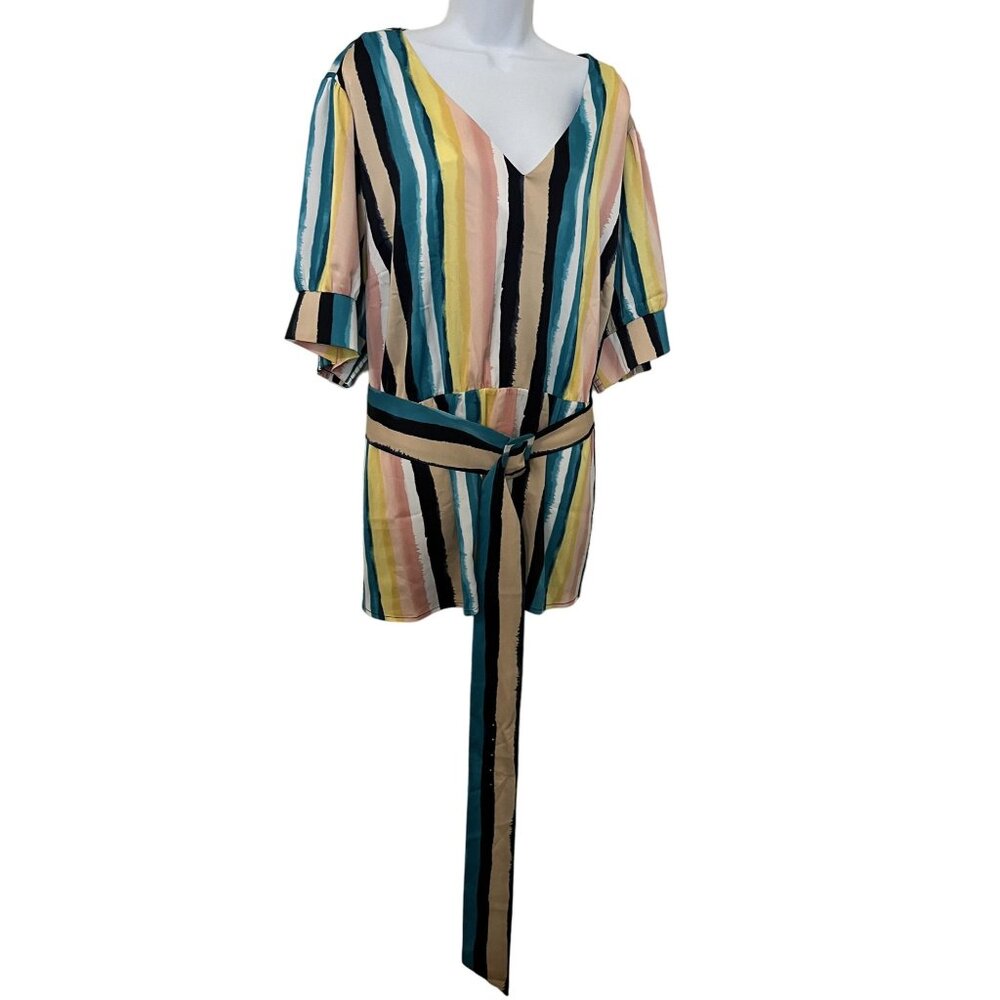 Lane Bryant Multicolor Stripe Satin V-Neck Belted Blouse Women's 26 NWT Fits Tha